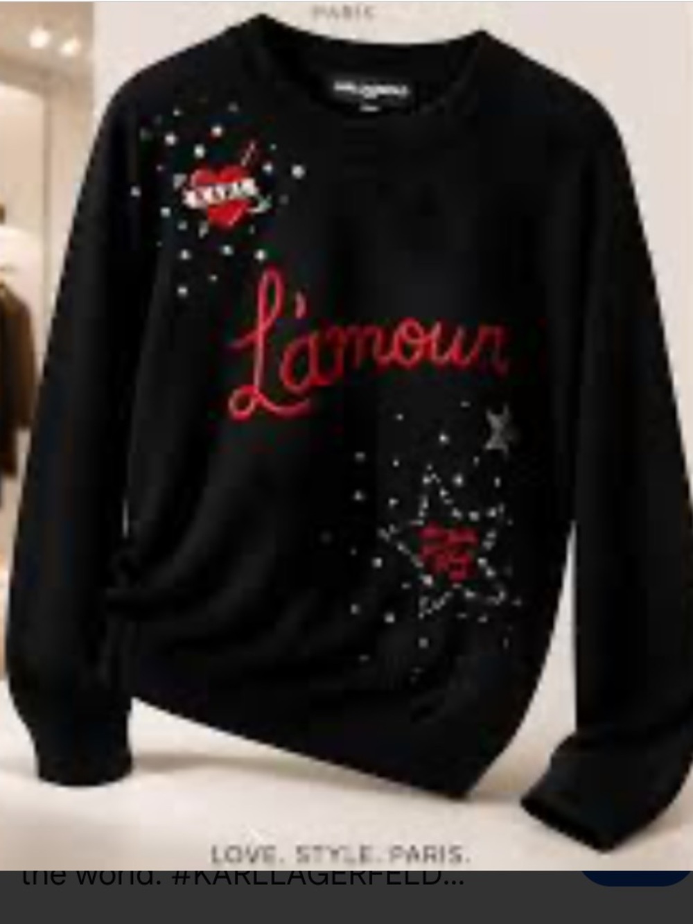 Karl Lagerfeld Black Crewneck Sweater with Red 'L'amour' Embroidery